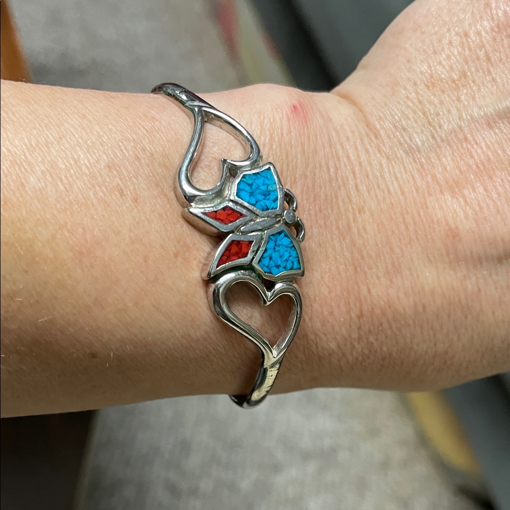 Sterling Silver Heart Bracelet With Turquoise Accented Butterfly